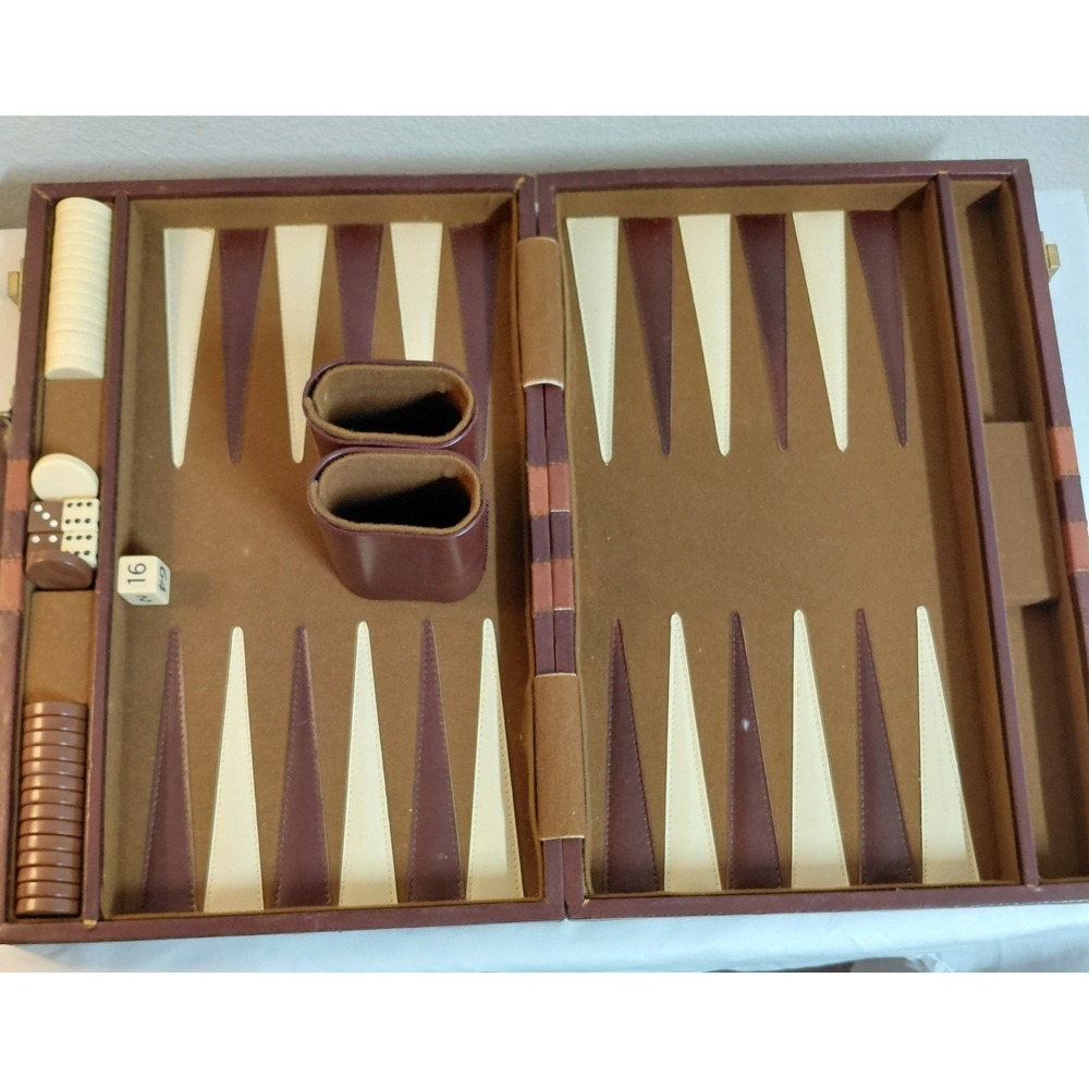 Vintage Full Size Backgammon Set Brown Faux Leather Striped Case Complete Retro